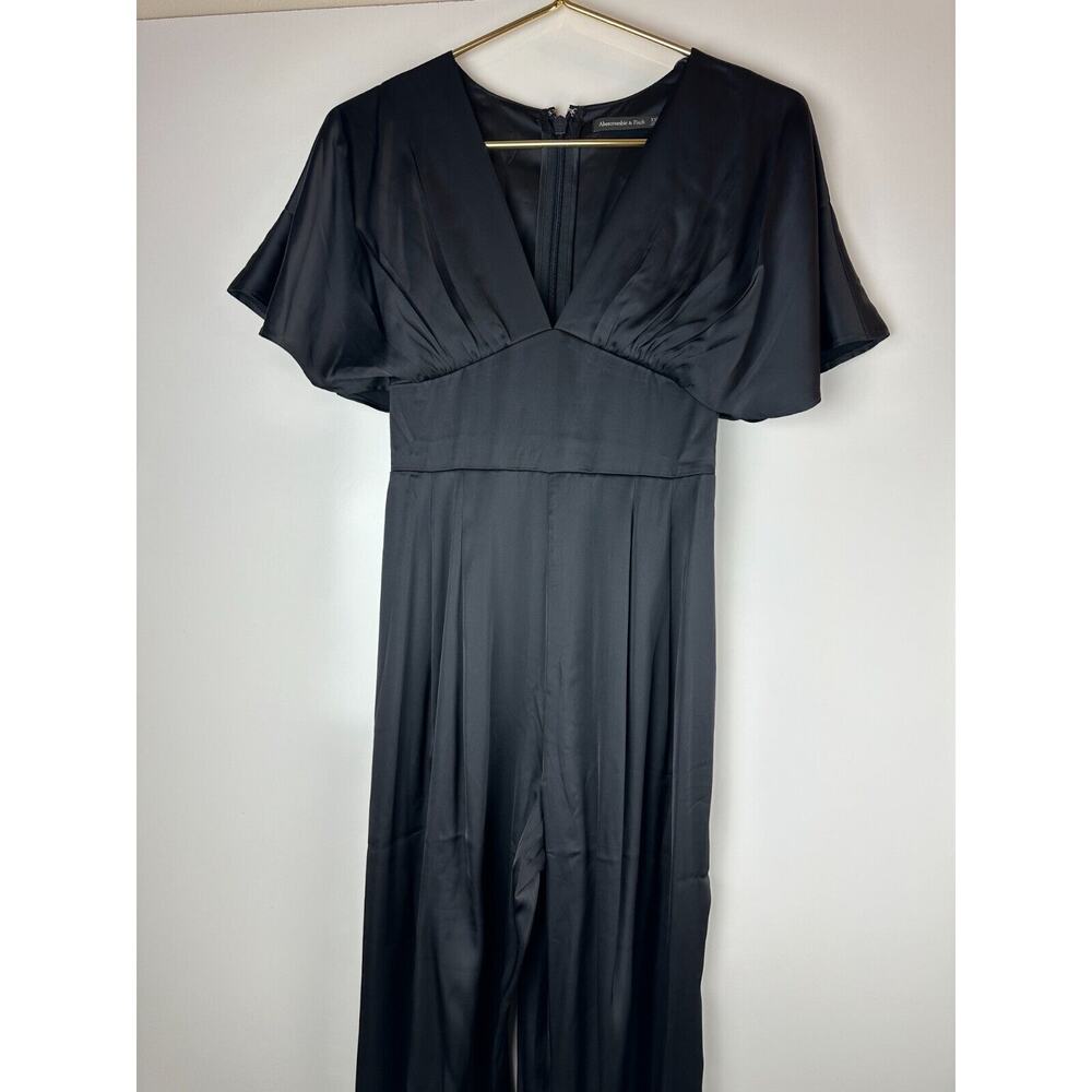 NWT Abercrombie & Fitch Angel Sleeve Satin Jumpsuit Black XSP X-Small Petite - Picture 7 of 14